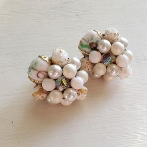 Vintage White/Gold/Pastel Made in Japan Cluster Clip-On Earrings